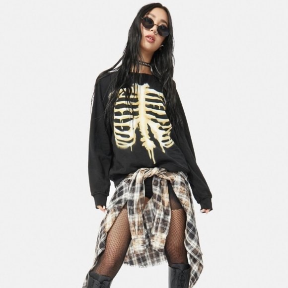 Wildfox | Skeleton Graphic Print Sommers Sweatshirt in Bleached Ribcage Dye - Picture 1 of 11